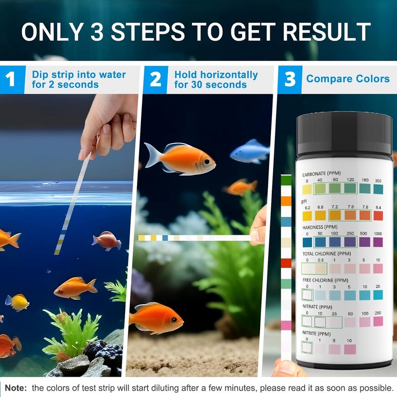 AKSBTEC 7IN1 Aquarium Test Strips - 50 Strips Aquarium Test Kit Fish Tank Test Kit Quick&Accurate Testing Freshwater&Saltwater Nitrate Nitrite Hardness Free Chlorine pH Carbonate Total Alkalinity - Image 4